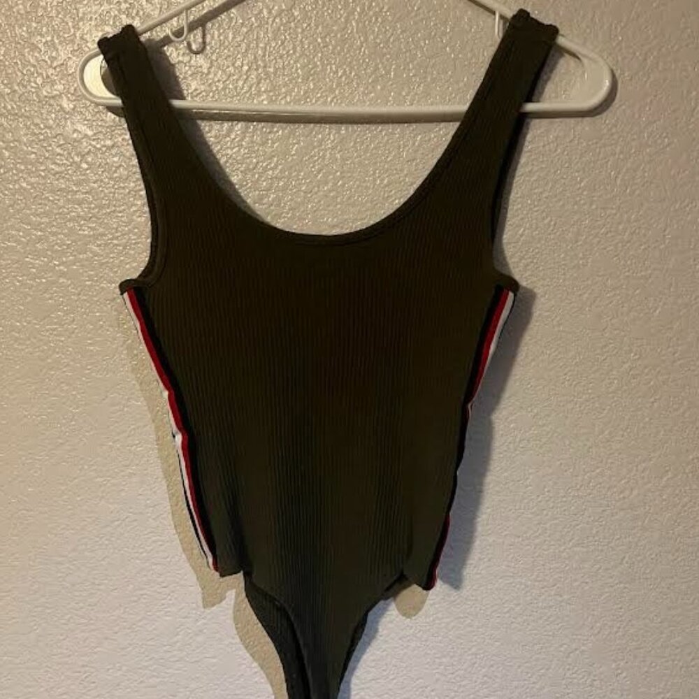 Army Green Tank Bodysuit with Stripes Downside